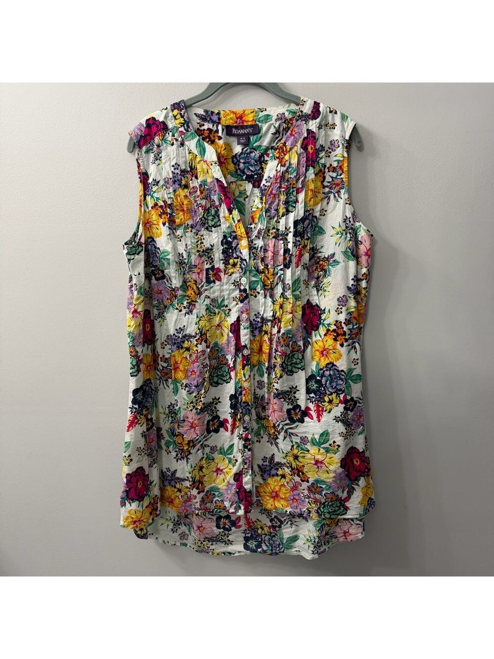 Roaman's Multicolor Floral VNeck Pintuck Button Down Cotton Blouse 16W